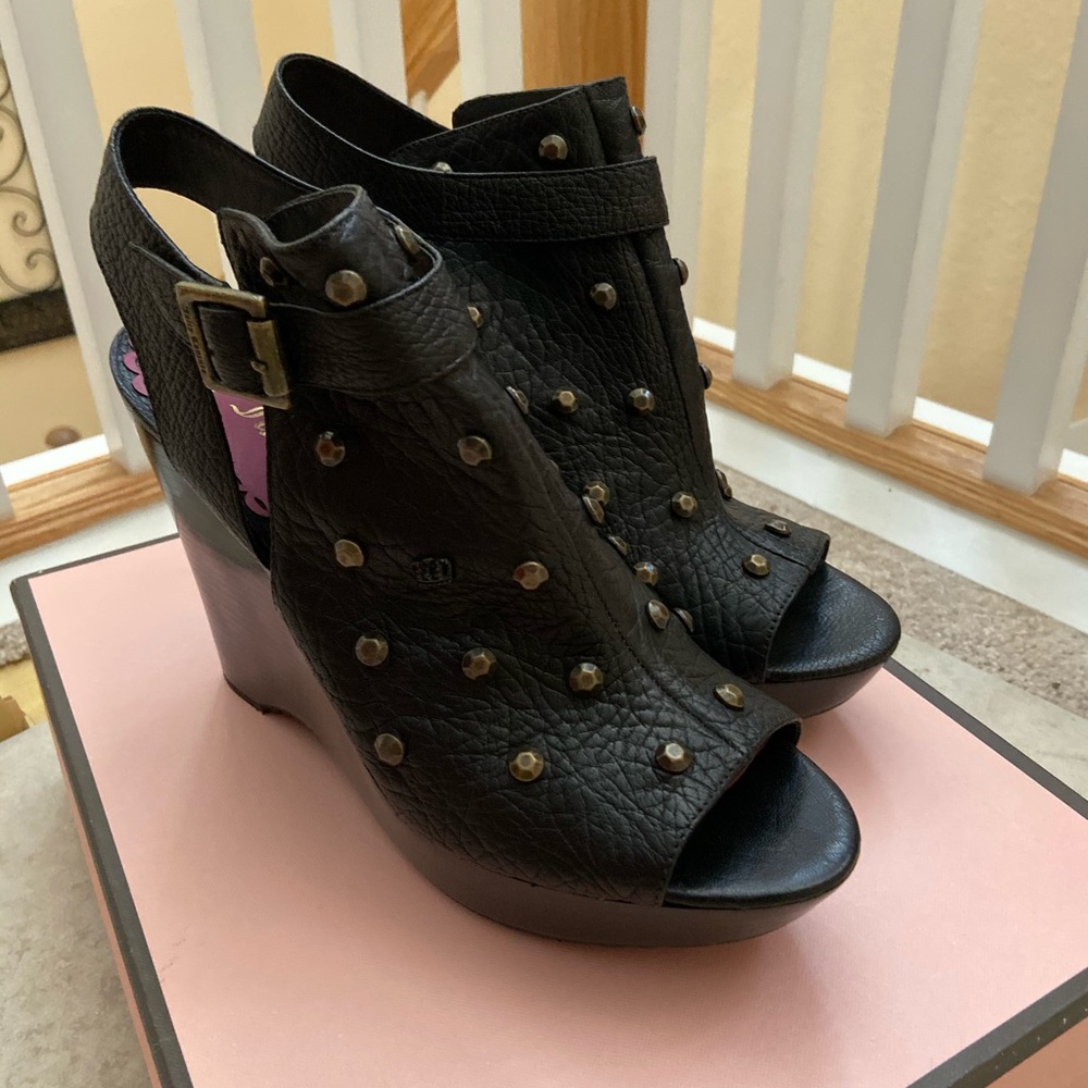 Black leather studded open toe pumps